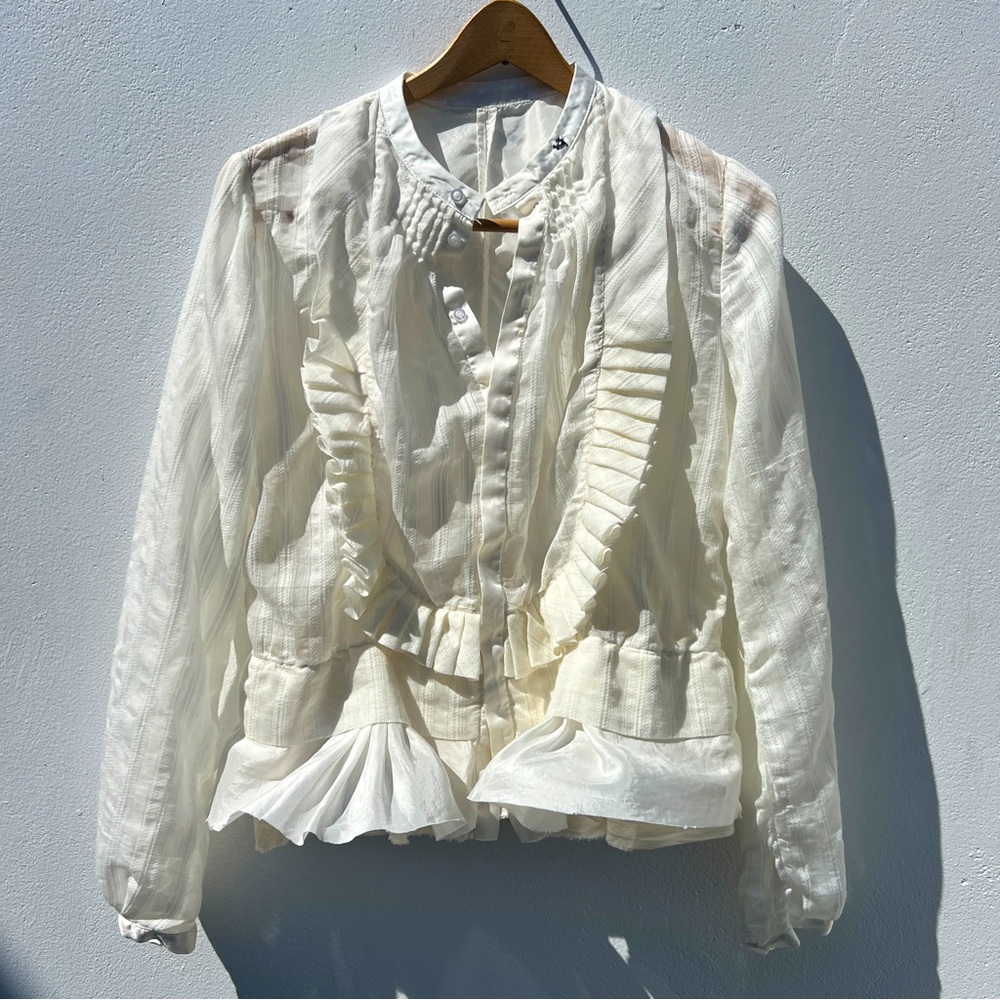 Cottage White Silk Ruffle Button Up Blouse